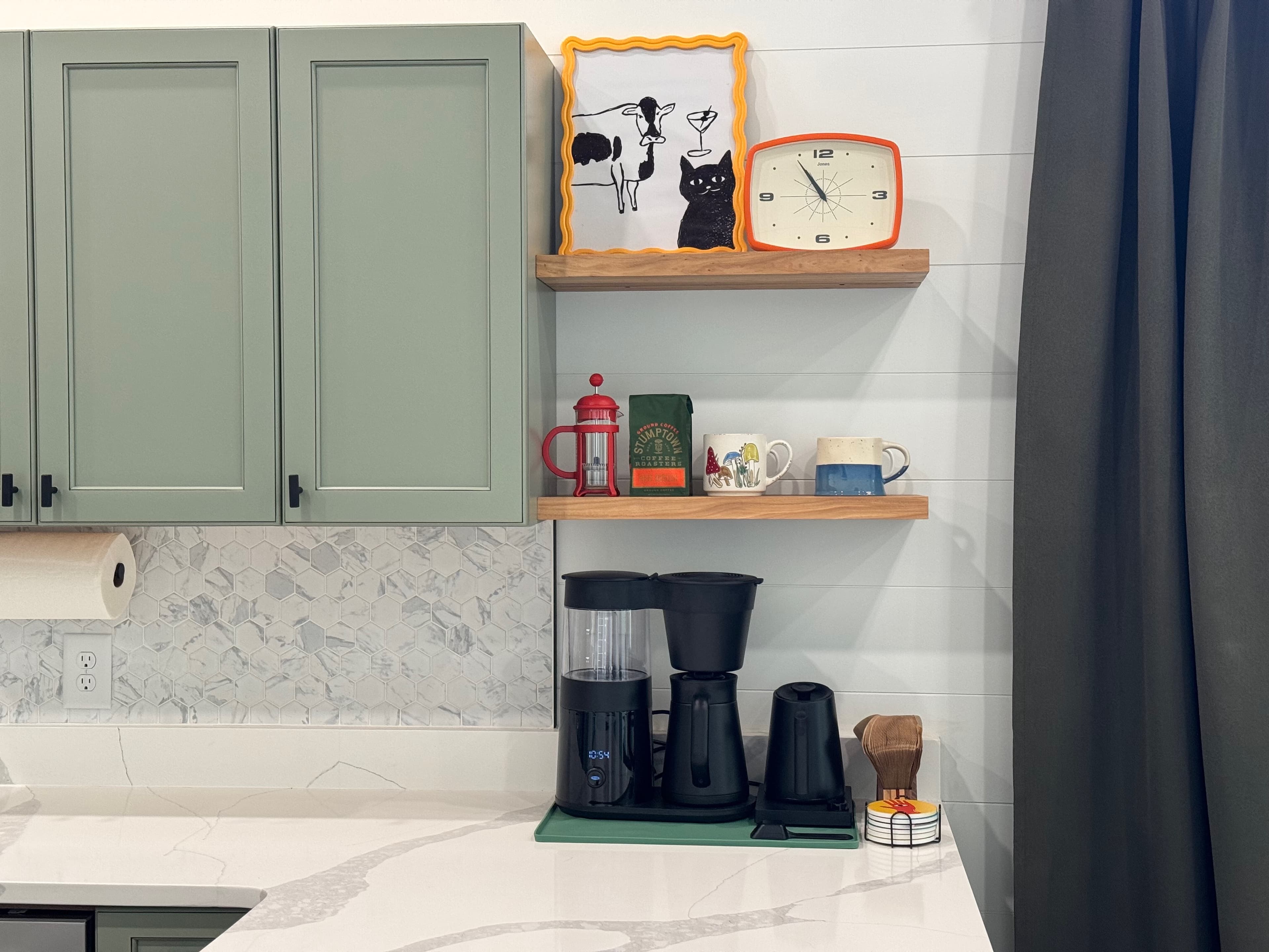 The coffee station, tucked in the kitchen corner